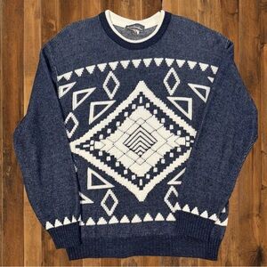 Vintage Serge Saint Yves Aztec Geometric Knit Sweater Navy Cream 80s 90s